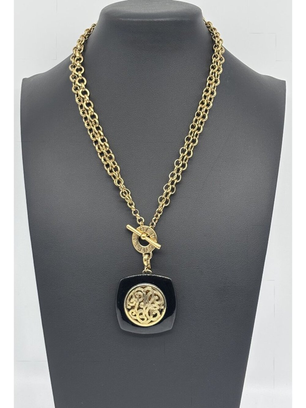 Vintage Monet Victorian Revival Necklace Gold-Tone Black Filigree Pendant Signed